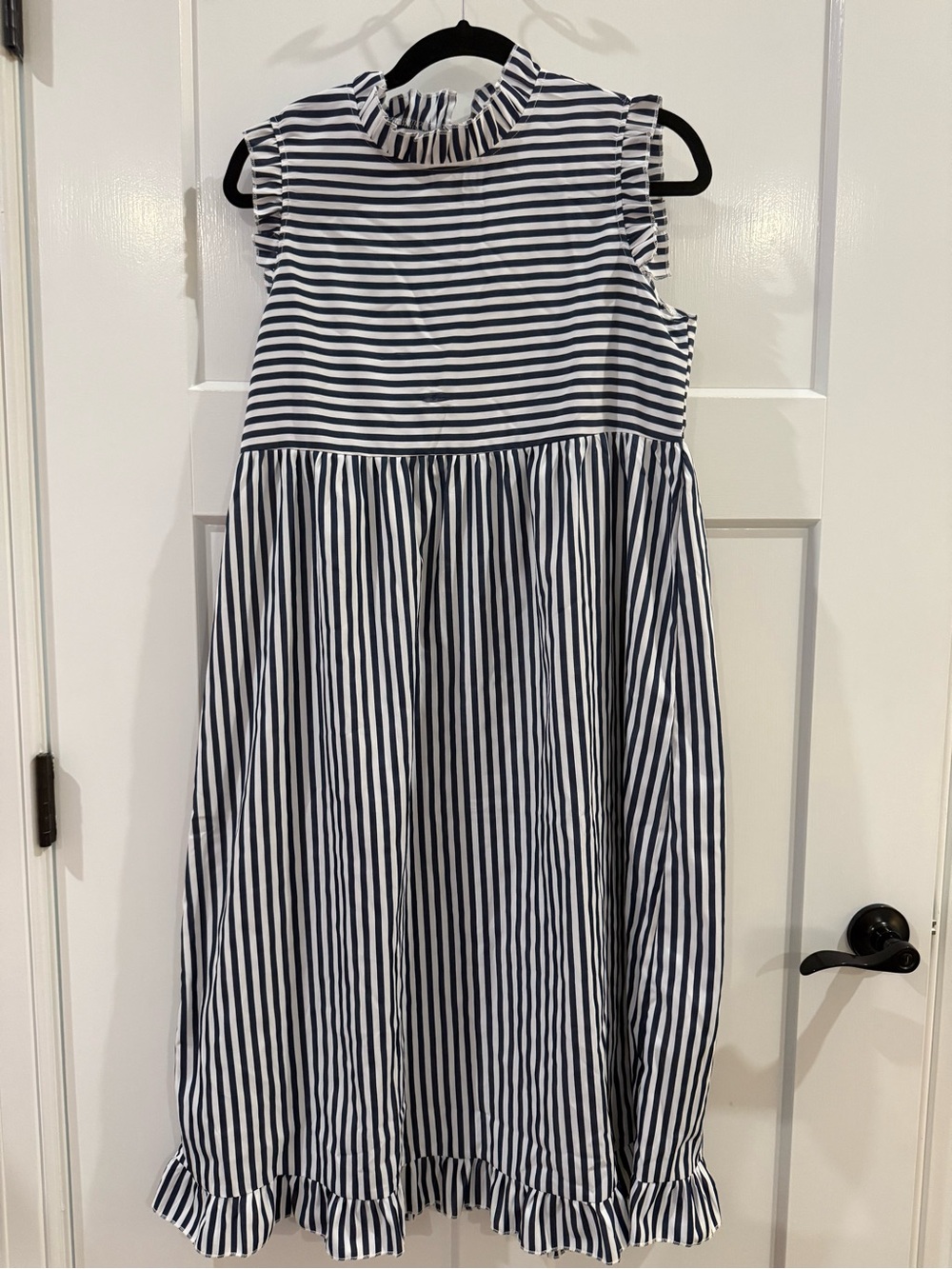 Sleeveless Navy & White Stripe Ruffle Neck Dress